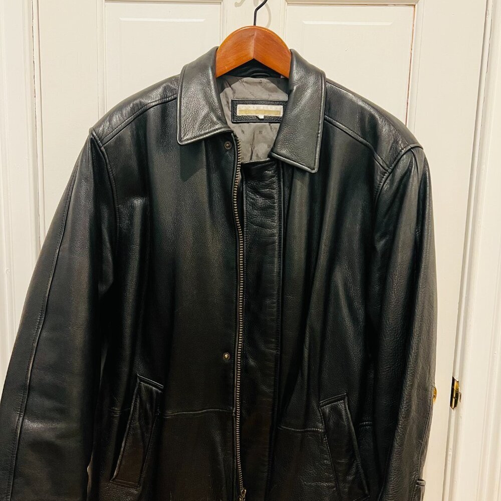 Vintage 90's Perry Ellis Mens Classic Heavyweight Leather Jacket Black Large - Picture 5 of 16